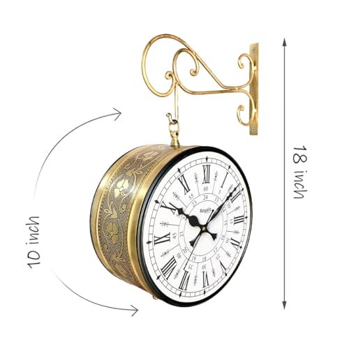 RoyalsCart Double Sided Metal Vintage Station Analog Hanging Wall Clock for Home and Living Room with Antique Golden and 24 Hours Dials on Both Sides [KTWCGR10] - Image 3