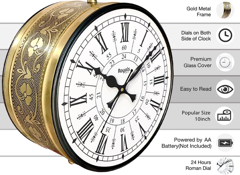 RoyalsCart Double Sided Metal Vintage Station Analog Hanging Wall Clock for Home and Living Room with Antique Golden and 24 Hours Dials on Both Sides [KTWCGR10] - Image 2