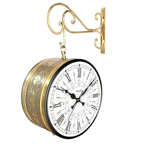 RoyalsCart Double Sided Metal Vintage Station Analog Hanging Wall Clock for Home and Living Room with Antique Golden and 24 Hours Dials on Both Sides [KTWCGR10] - Image 1