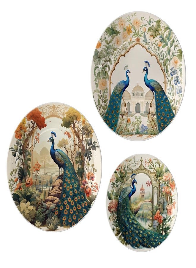 WOODHANG Set of 3 Decorative Peacock Wall Plates for Home Décor|Vintage Floral Printed Ceramic Wall Hanging Plate for Living Room, Bedroom & Office Wall Decoration|Ceramic Wall Plate Housewarming Gift - Image 4
