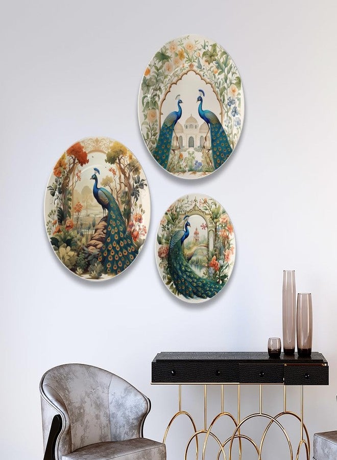 WOODHANG Set of 3 Decorative Peacock Wall Plates for Home Décor|Vintage Floral Printed Ceramic Wall Hanging Plate for Living Room, Bedroom & Office Wall Decoration|Ceramic Wall Plate Housewarming Gift - Image 1