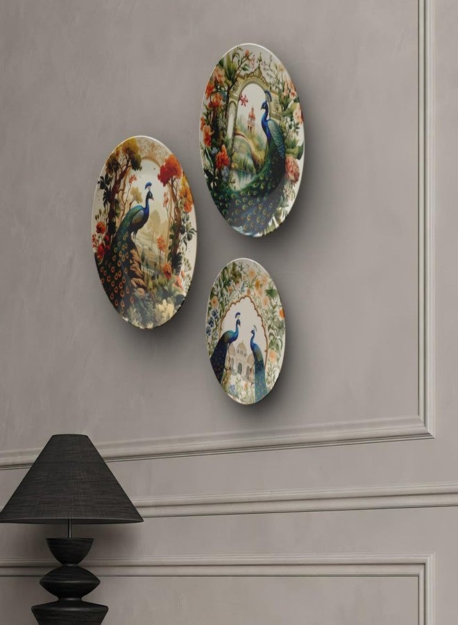 WOODHANG Set of 3 Decorative Peacock Wall Plates for Home Décor|Vintage Floral Printed Ceramic Wall Hanging Plate for Living Room, Bedroom & Office Wall Decoration|Ceramic Wall Plate Housewarming Gift - Image 3