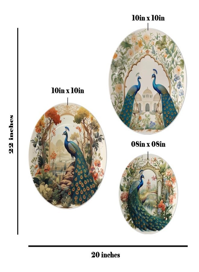 WOODHANG Set of 3 Decorative Peacock Wall Plates for Home Décor|Vintage Floral Printed Ceramic Wall Hanging Plate for Living Room, Bedroom & Office Wall Decoration|Ceramic Wall Plate Housewarming Gift - Image 2