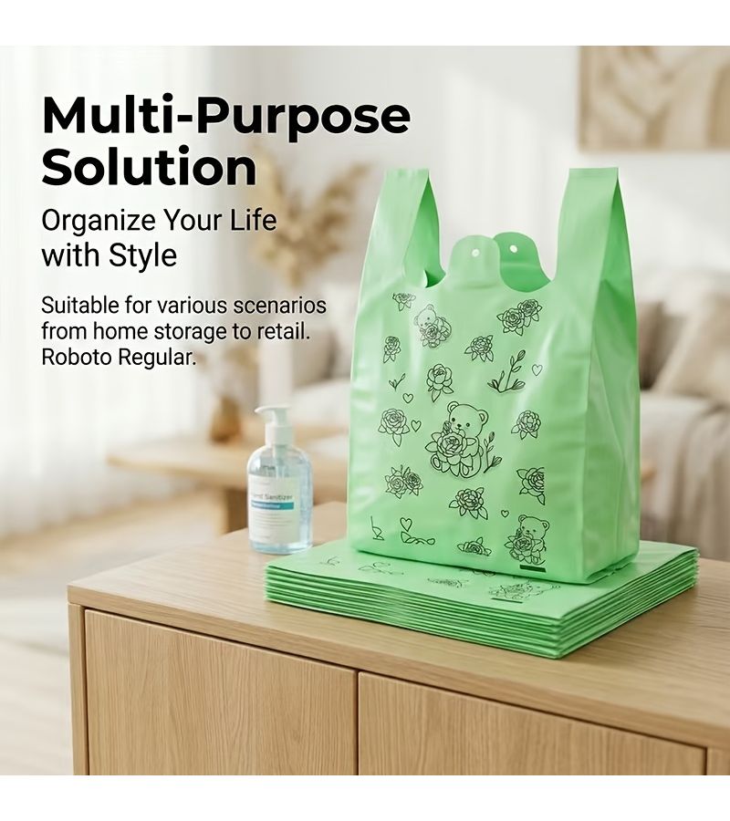 46 Pcs Green Bear Pattern Plastic Grocery Bags Portable Shopping Tote - Image 1