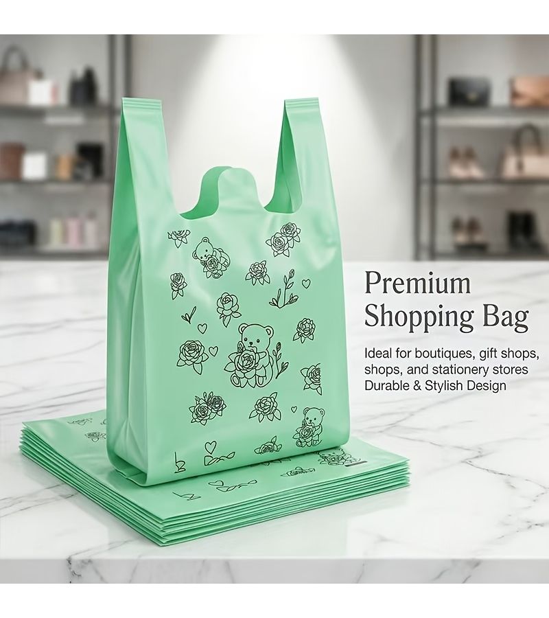46 Pcs Green Bear Pattern Plastic Grocery Bags Portable Shopping Tote - Image 5