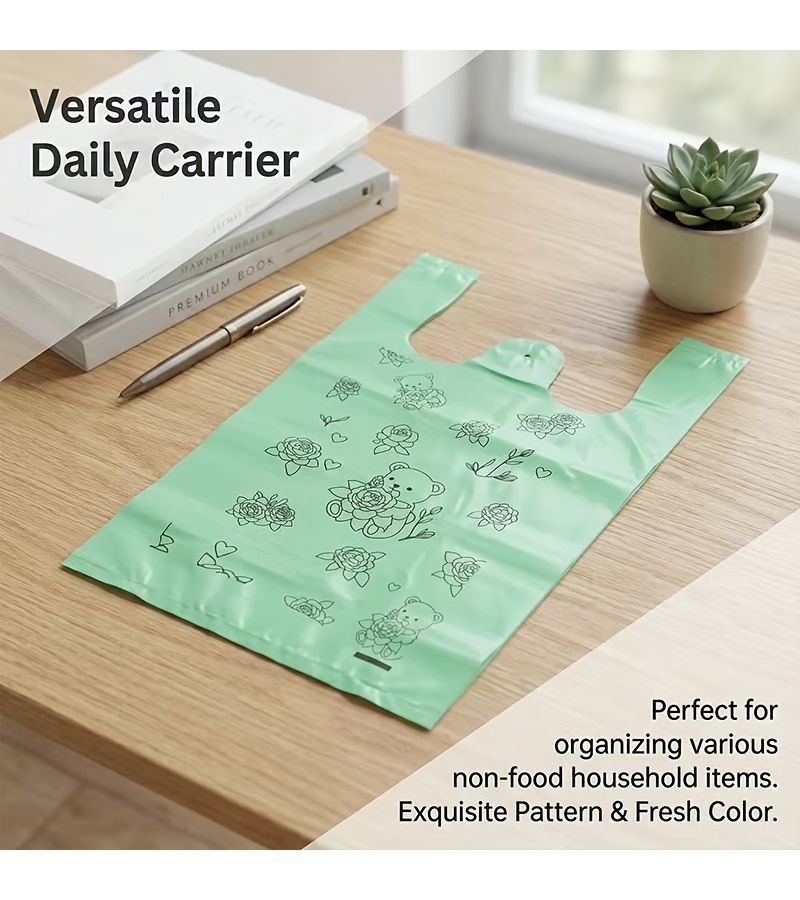 46 Pcs Green Bear Pattern Plastic Grocery Bags Portable Shopping Tote - Image 3
