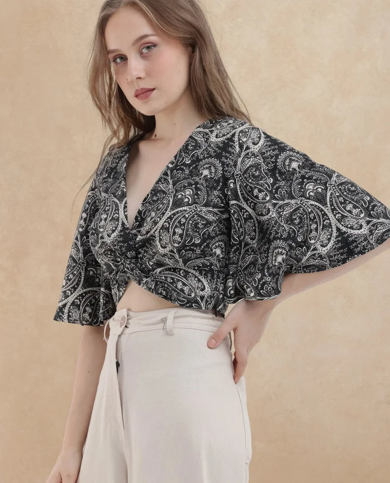Rareism Women's Paisley Print Brunch Crop Top