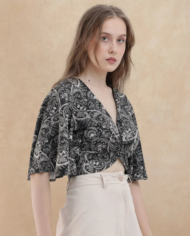 Rareism Women's Paisley Print Brunch Crop Top
