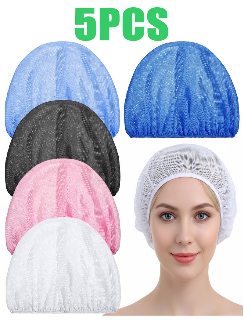 5 PCS Mesh Sleep Bonnet Elastic Breathable Sleeping Caps Soft Hair Protection Net for Women Ideal for Curly Hair Hair Rollers and Nighttime Hair Care (White, Pink, Light Blue, Lake Blue, Black) - Image 1