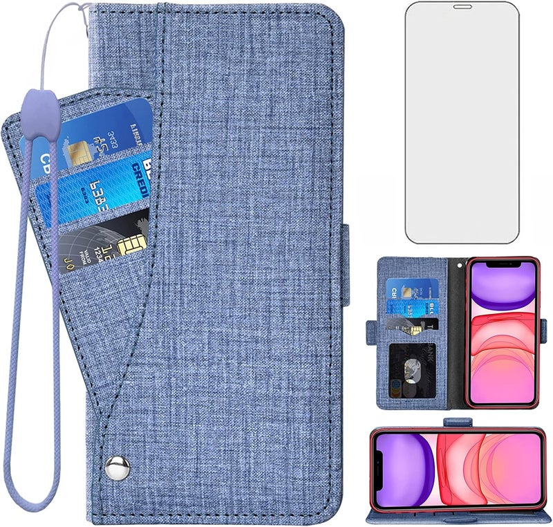 Asuwish Compatible with iPhone 11 6.1 Wallet Case Tempered Glass Screen Protector and Flip Cover Card Holder Cell Accessories Phone Cases for iphone11case iPhone11 i Phone11 XI 11R Women Men Boys Blue - Image 1