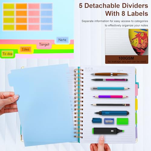 GDGDSY Hardcover Spiral Notebook 8"x10" Journal Notebook with Tabs and Removable Dividers 300 Pages 5 Subject Notebook College Ruled, Faux Leather Spiral Bound Notebook for Women School Work (Brown) - Image 5