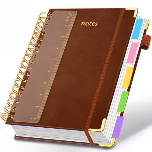 GDGDSY Hardcover Spiral Notebook 8"x10" Journal Notebook with Tabs and Removable Dividers 300 Pages 5 Subject Notebook College Ruled, Faux Leather Spiral Bound Notebook for Women School Work (Brown) - Image 1