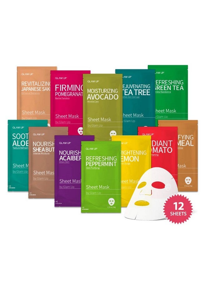 GLAM UP Premium Facial Sheet Mask 12 Combo (Pack of 12) | Clean Face Masks Skincare, Hydrating Face Masks, Moisturizing, Soothing, Beauty Mask For All Skin Type Variety Beauty Mask Set - Image 1