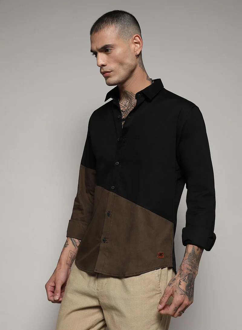 Campus Sutra Men's Black & Olive Green Contrast Panel Shirt