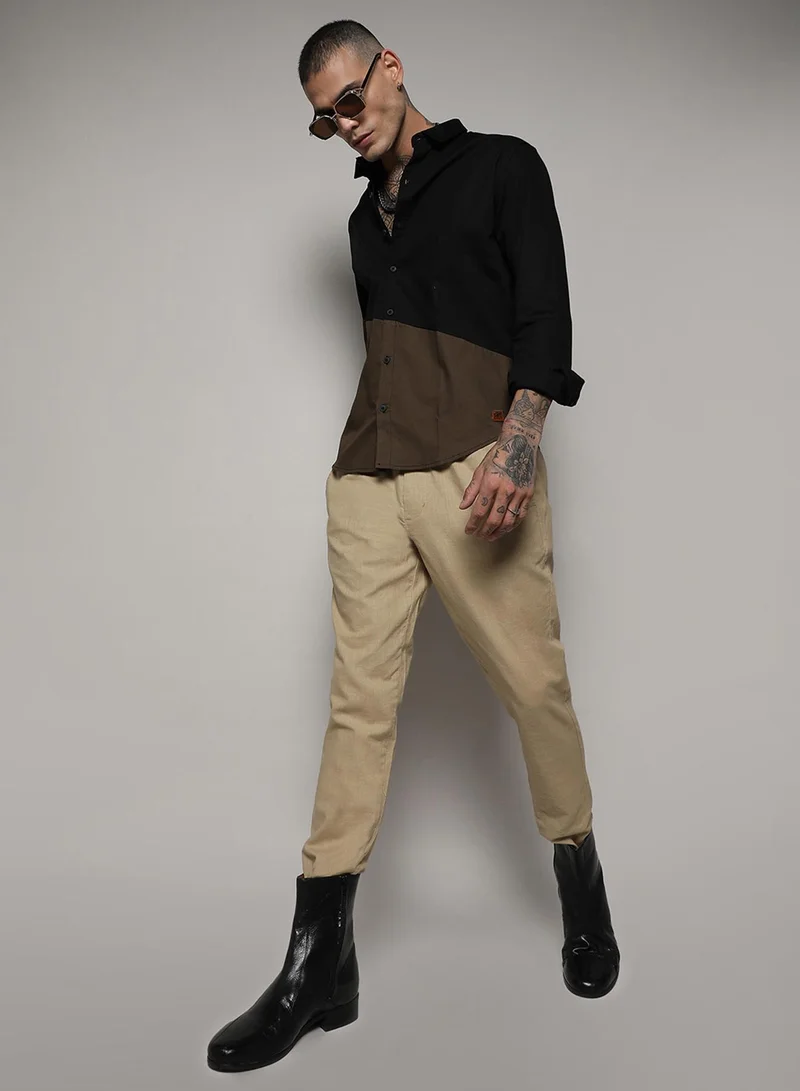 Campus Sutra Men's Black & Olive Green Contrast Panel Shirt