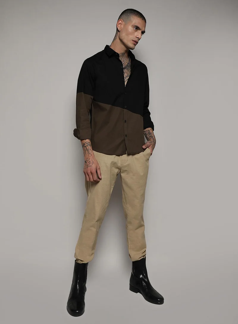 Campus Sutra Men's Black & Olive Green Contrast Panel Shirt