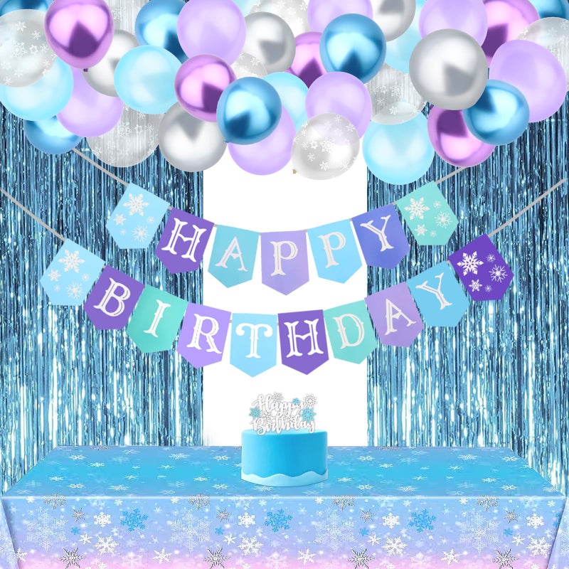 CIEHER Snowflake Birthday Decorations for Girls Set - Birthday Banner, Snowflake Plastic Tablecloth, 60PCS Balloons, Cake Topper and 2 Pack Blue Streamers - Image 2