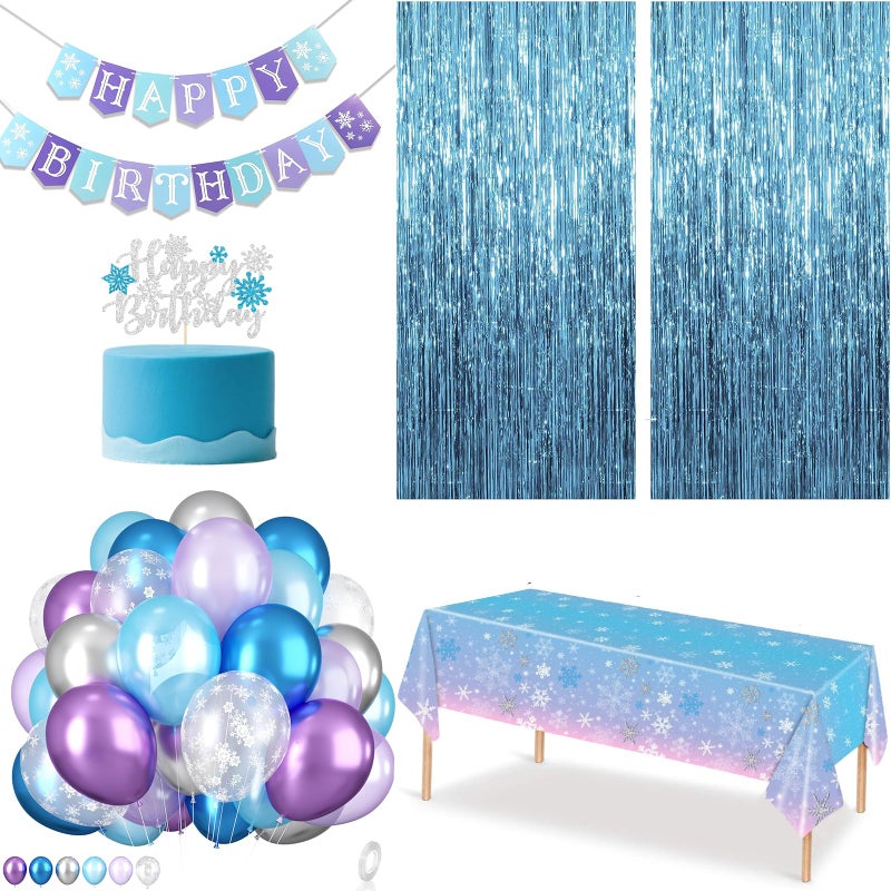 CIEHER Snowflake Birthday Decorations for Girls Set - Birthday Banner, Snowflake Plastic Tablecloth, 60PCS Balloons, Cake Topper and 2 Pack Blue Streamers - Image 1