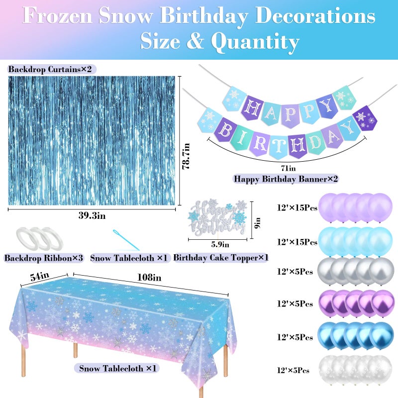 CIEHER Snowflake Birthday Decorations for Girls Set - Birthday Banner, Snowflake Plastic Tablecloth, 60PCS Balloons, Cake Topper and 2 Pack Blue Streamers - Image 3