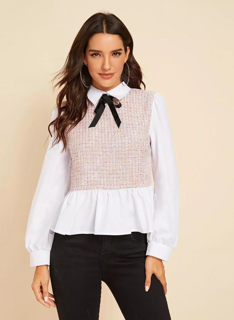 Tie Neck Tweed Insert Peplum Blouse  - Image 1