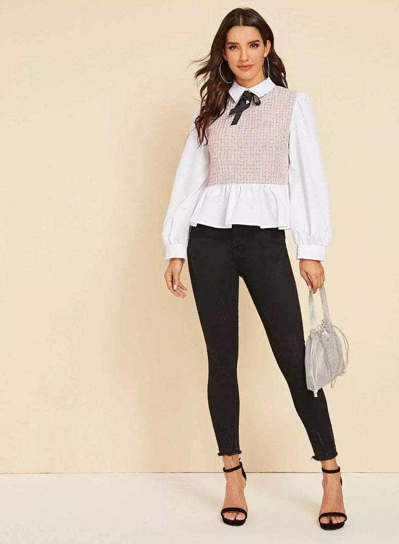 Tie Neck Tweed Insert Peplum Blouse  - Image 3
