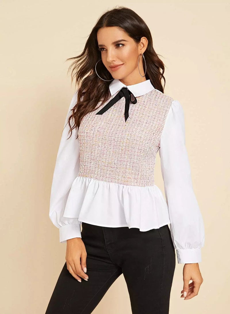 Tie Neck Tweed Insert Peplum Blouse  - Image 4