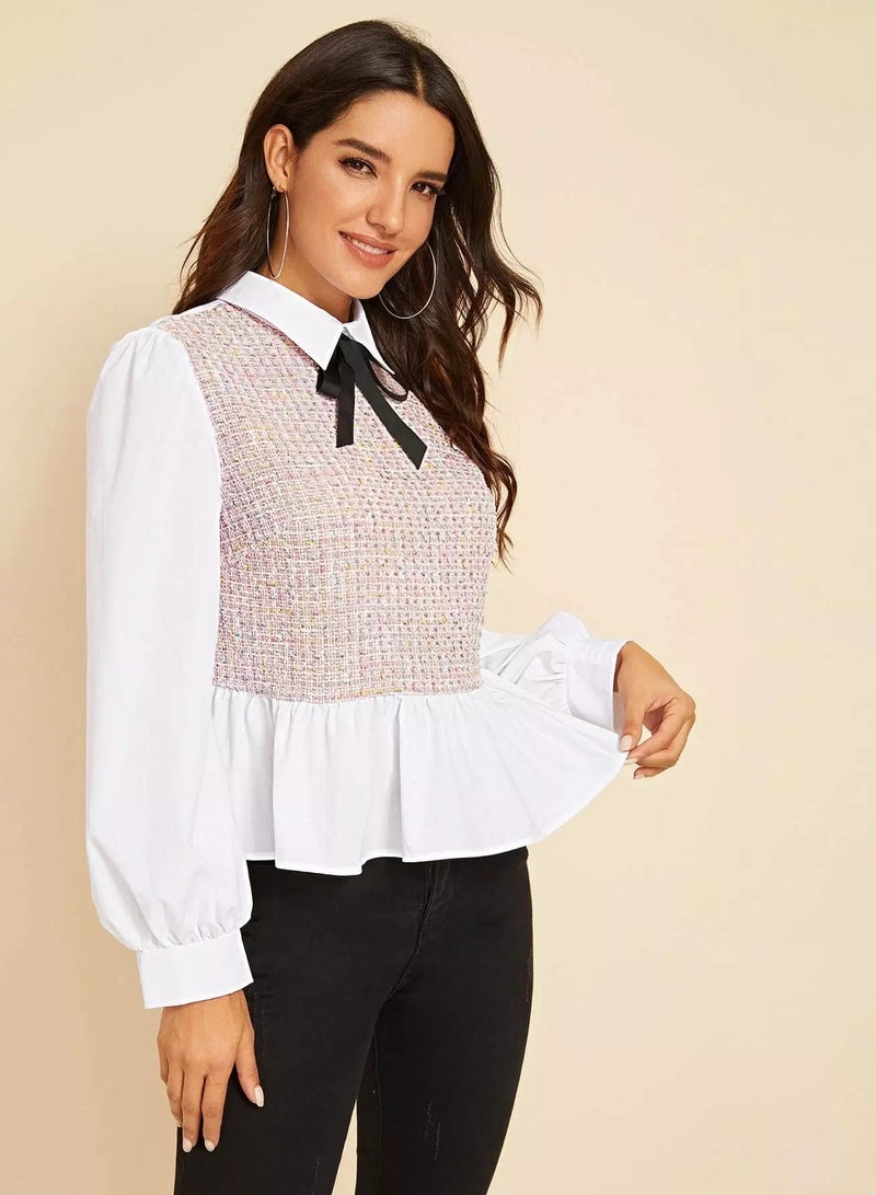 Tie Neck Tweed Insert Peplum Blouse  - Image 5