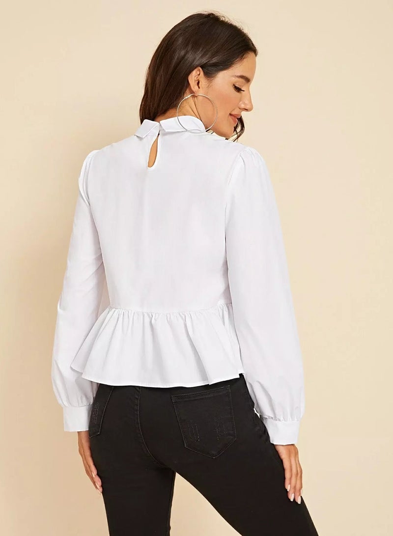 Tie Neck Tweed Insert Peplum Blouse  - Image 2