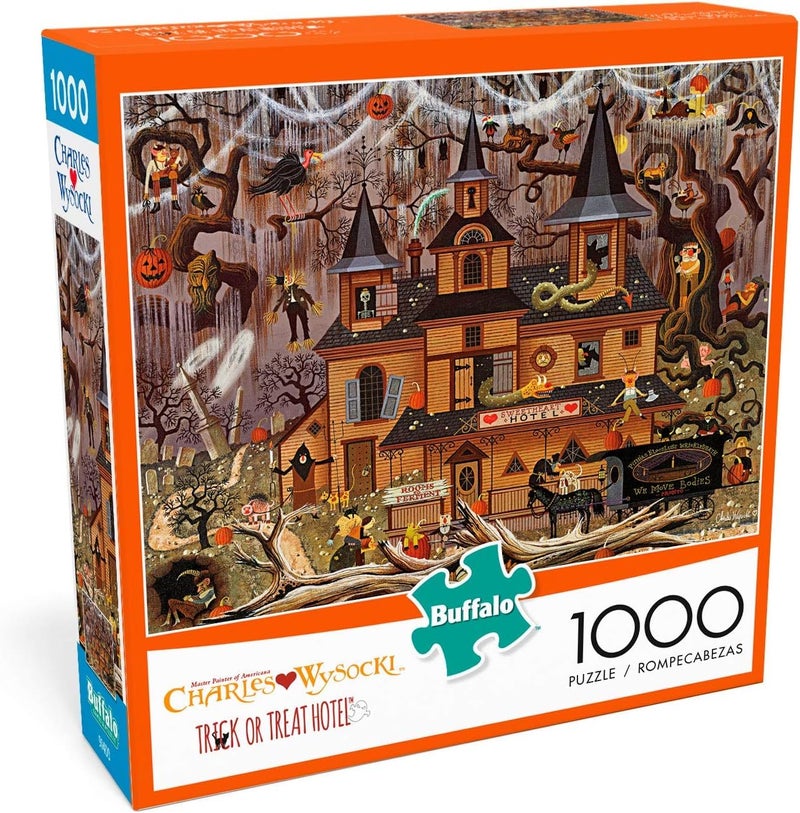 Buffalo Games - Charles Wysocki - Trick or Treat Hotel - 1000 Piece Halloween Puzzle - Colorful and High-Quality Fall Puzzles for Adults â€“ Spooky Autumn Artwork, and Hours of Relaxing Seasonal Fun - Image 1