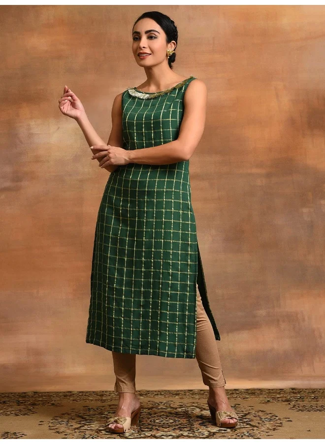 AKS Green Woven Design Checked Kurta