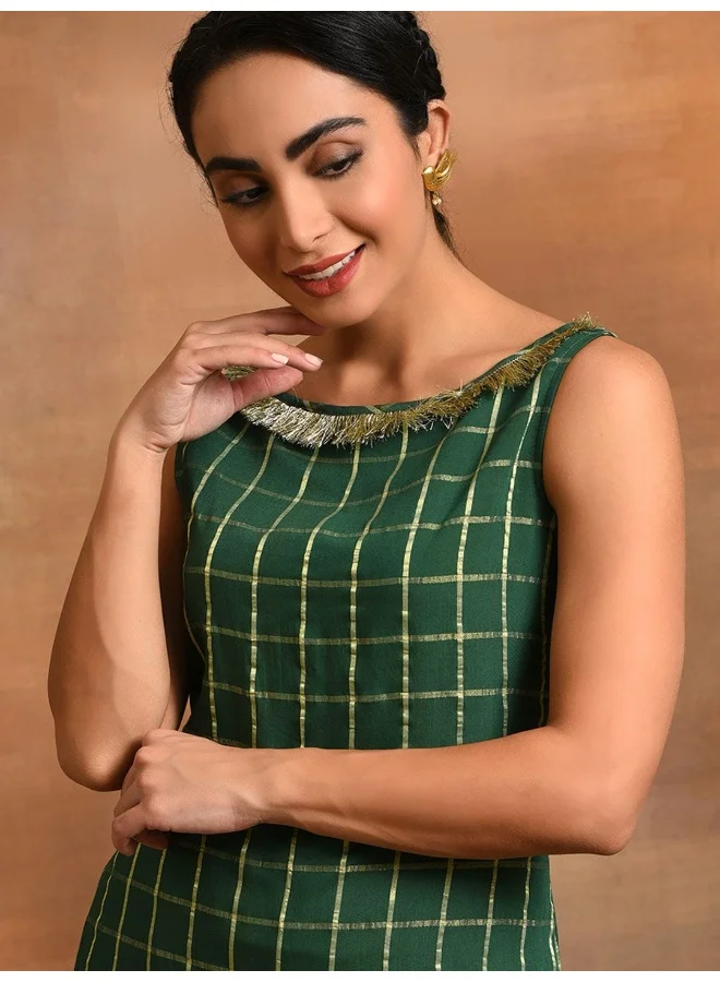 AKS Green Woven Design Checked Kurta
