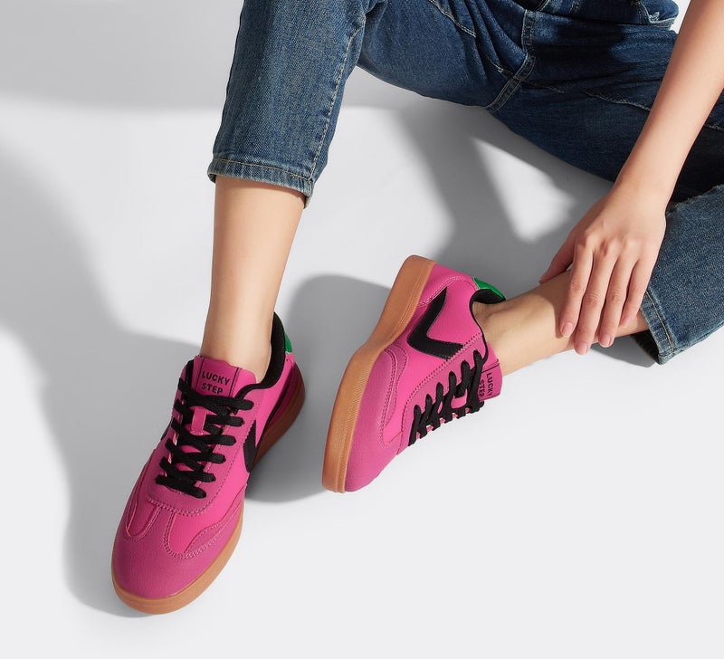 LUCKY STEP Women's Classic Fashion Casual Sneakers Skate Shoes No Slip Lace Up Walking Shoes(9 M US Pink/Black/Green) - Image 2