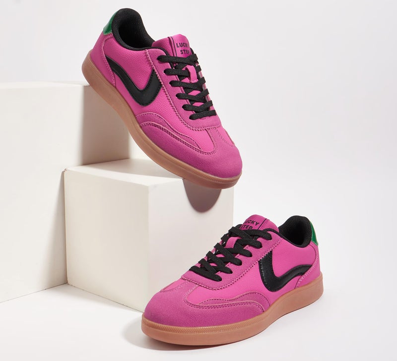 LUCKY STEP Women's Classic Fashion Casual Sneakers Skate Shoes No Slip Lace Up Walking Shoes(9 M US Pink/Black/Green) - Image 3