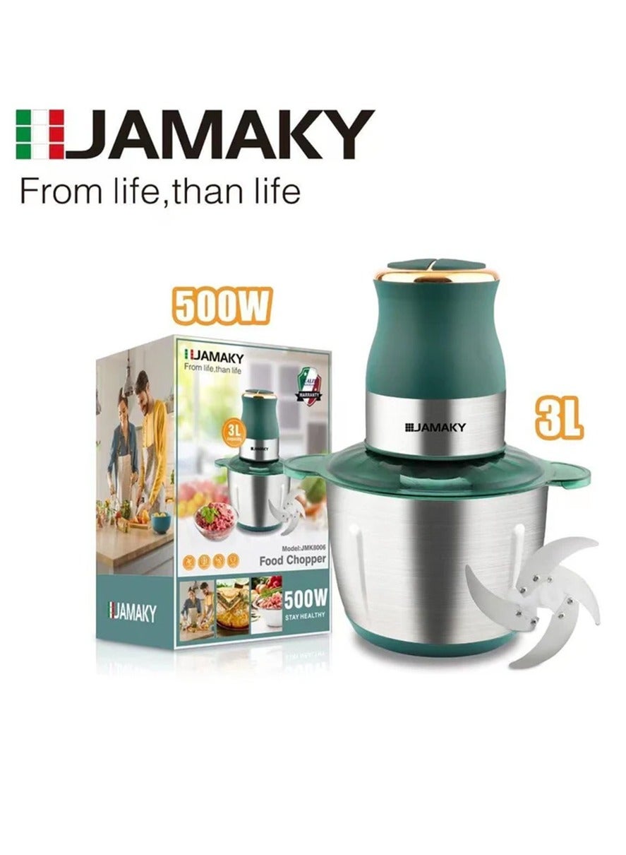 500W 3L Vegetable and Meat Grinder with Italian technology - Green JMK8006 Integrated stainless steel body and glass bowl, nice appearance, elegant, easy to wash and operate.