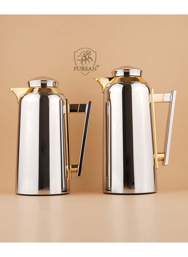 FURSAN Arabic Vacuum Flask Set 1.0L & 0.7L Silver Metal Body for Coffee and Tea