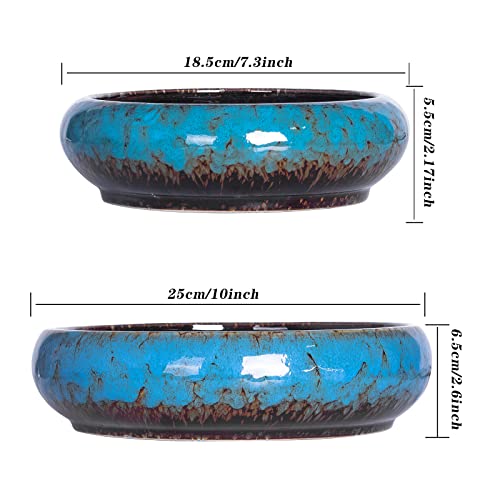ARTKETTY Succulent Pots - 7.3/10 Inch Large Plant Pot Set of 2, Ceramic Bonsai Pot with Drainage Tray Shallow Planters for Indoor Succulents Glazed Cactus Flower Plant Container - Image 5