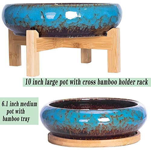 ARTKETTY Succulent Pots - 7.3/10 Inch Large Plant Pot Set of 2, Ceramic Bonsai Pot with Drainage Tray Shallow Planters for Indoor Succulents Glazed Cactus Flower Plant Container - Image 2