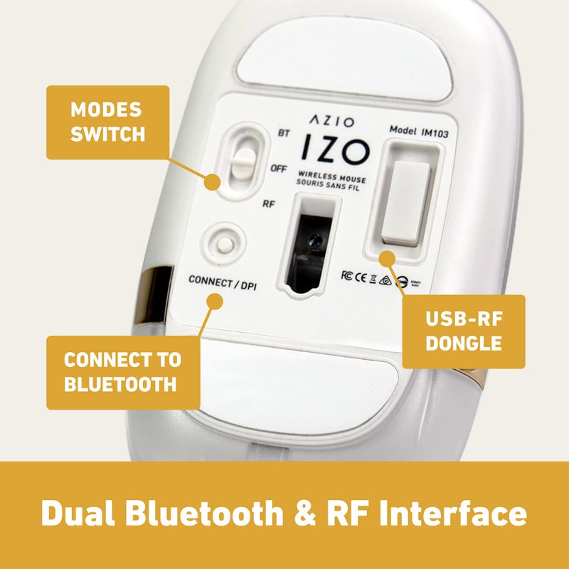 Azio IZO Wireless Optical Mouse - Bluetooth 3.0 & 5.0/2.4G RF-USB, Ambidextrous Design, PixArt PAW3212 Sensor, 1000/1600/2400 DPI, Rechargeable, White & Gold - PC & Mac, White Blossom (IM103) - Image 4