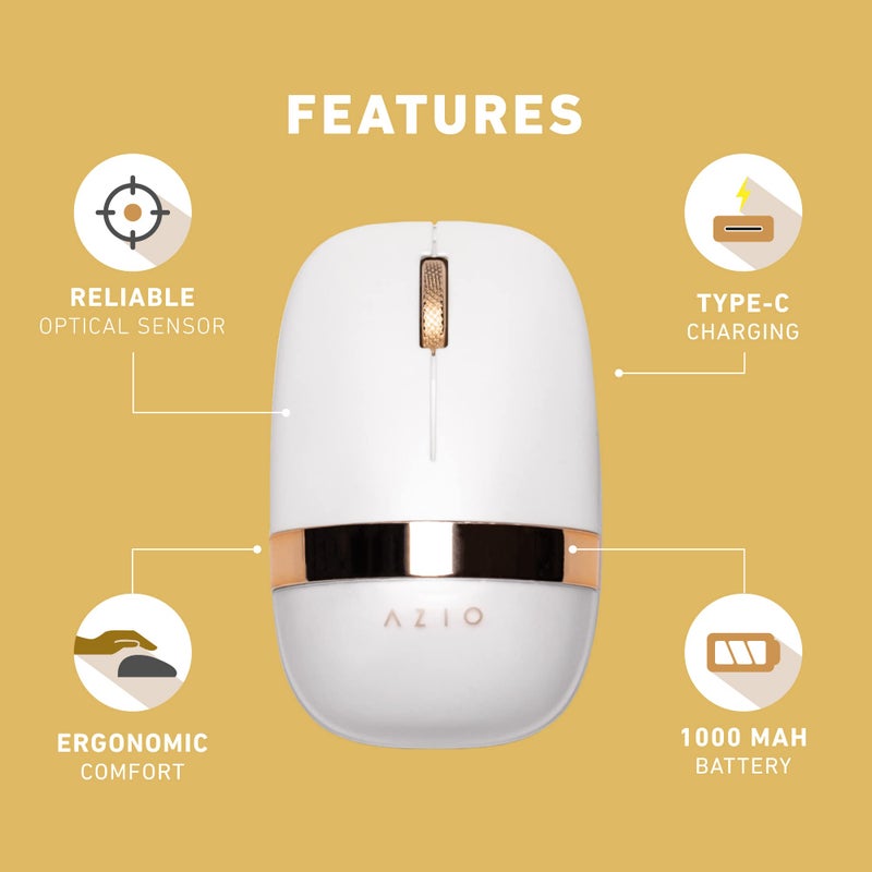 Azio IZO Wireless Optical Mouse - Bluetooth 3.0 & 5.0/2.4G RF-USB, Ambidextrous Design, PixArt PAW3212 Sensor, 1000/1600/2400 DPI, Rechargeable, White & Gold - PC & Mac, White Blossom (IM103) - Image 5