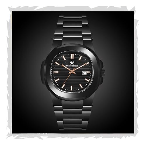 SWADESI STUFF Men’s Rose Gold Stainless Steel Watch | Black Dial Quartz Analog Wristwatch with Date Display – 39mm Stylish Timepiece (Black) - Image 1