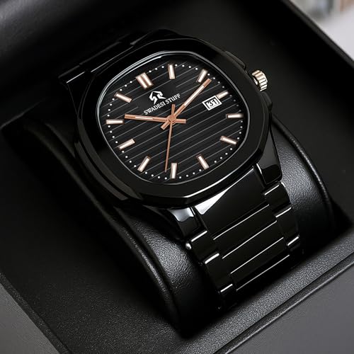 SWADESI STUFF Men’s Rose Gold Stainless Steel Watch | Black Dial Quartz Analog Wristwatch with Date Display – 39mm Stylish Timepiece (Black) - Image 2