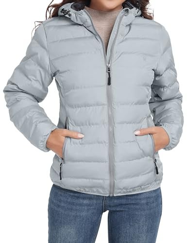 Little Donkey Andy Women's Lightweight Puffer Jacket Hooded Windproof Winter Coat, Light Grey Heather S - Image 3