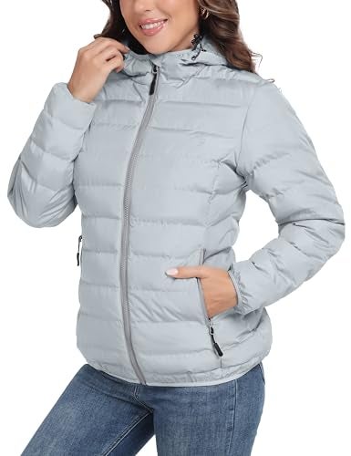 Little Donkey Andy Women's Lightweight Puffer Jacket Hooded Windproof Winter Coat, Light Grey Heather S - Image 1