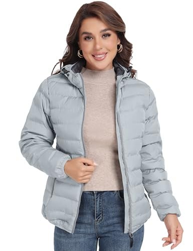 Little Donkey Andy Women's Lightweight Puffer Jacket Hooded Windproof Winter Coat, Light Grey Heather S - Image 2