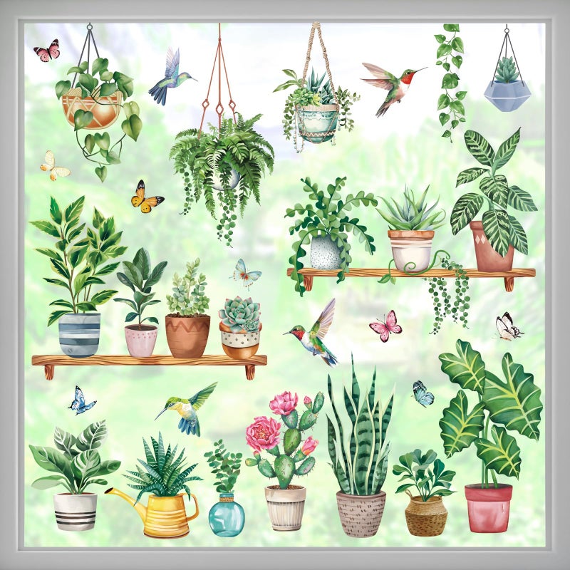 wondever Hanging Green Potted Plant Window Clings Tropical Botanical Cactus Bird Glass Sticker Decal Anti Collision DoubleSide Static Window Stickers for Home Glass Window