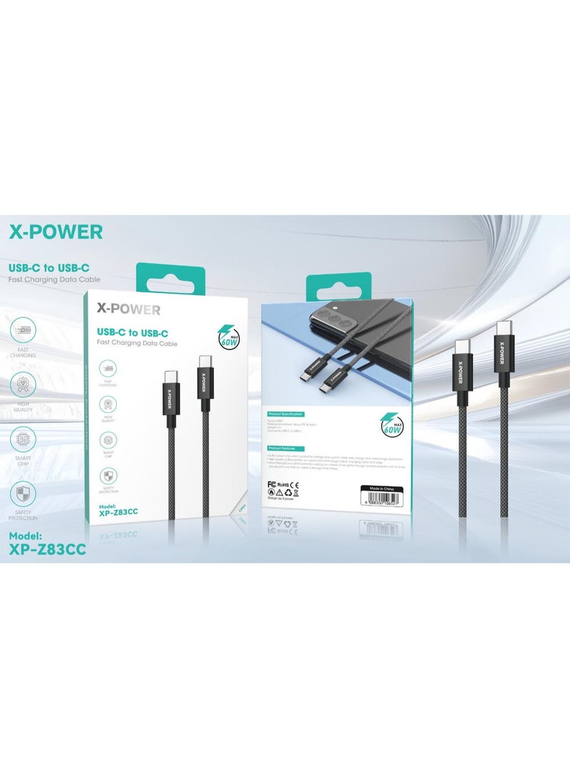 كابل شحن سريع من X-POWER XP-Z83CC إلى USB-C بقوة 60 واط مع شريحة ذكية وحماية أمان