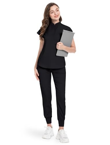 niaahinn Scrubs Set for Women Nurse Uniform Jogger Suit Stretch Top & Pants with Multi Pocket for Nurse Esthetician Workwear (Black, Small) - Image 2