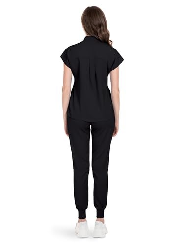 niaahinn Scrubs Set for Women Nurse Uniform Jogger Suit Stretch Top & Pants with Multi Pocket for Nurse Esthetician Workwear (Black, Small) - Image 3