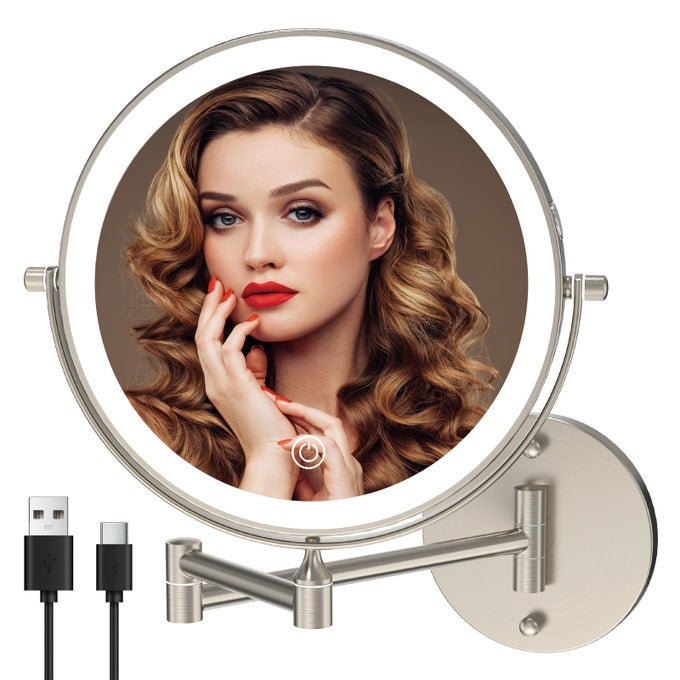 RECHARGEABLE WALL MOUNTED LIGHTED MAKEUP VANITY MIRROR 8 INCH DOUBLE SIDED 1X 10X MAGNIFYING BATHROOM MIRROR 3 COLOR LIGHTING TOUCH SCREEN 360 ROTATION SHAVING MIRROR BRUSHED NICKEL