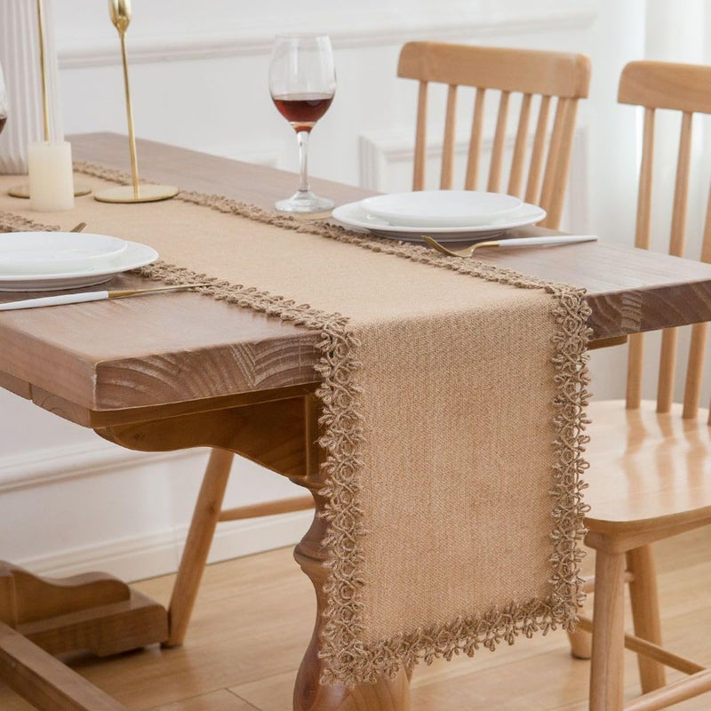LIGICKY Natural Burlap Table Runners 48 Inches Farmhouse Rustic Jute Woven Macrame Table Runner for Dresser Wedding Home Dining Table Decor 12x48 inch, Brown - Image 2